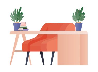 Sandalye kitapları ve bitki vektör tasarımlı ofis masası