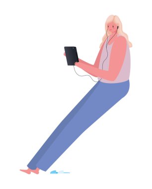 Tablet ve kulaklıklı kadın vektör tasarımında çalışıyor.