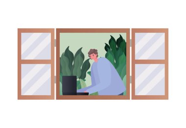 Pencere vektör tasarımında çalışan dizüstü bilgisayarı olan adam