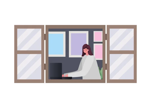 Vrouw met laptop aan het werk bij window vector design — Stockvector