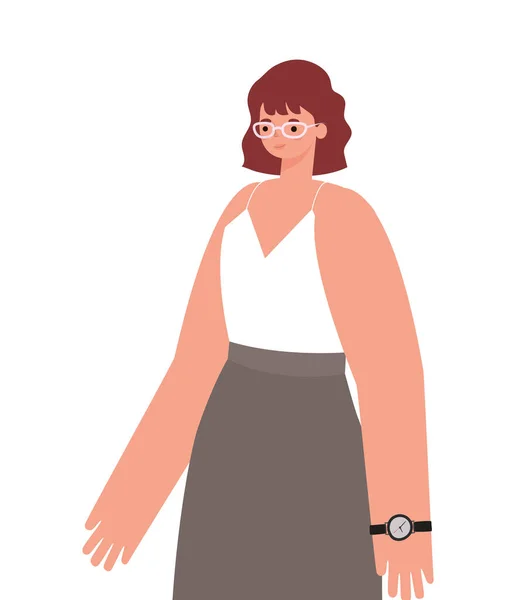 Dessin animé femme cheveux bruns avec des lunettes design vectoriel — Image vectorielle