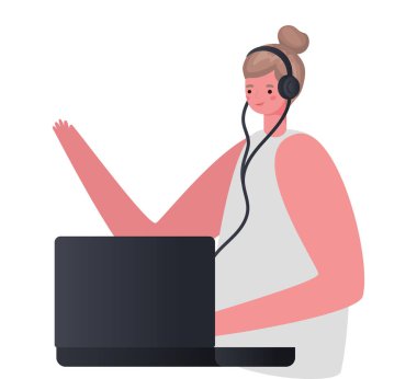 Dizüstü bilgisayarı ve kulaklığı olan kadın çizgi filmi.