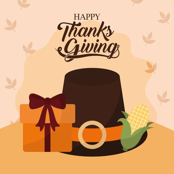 Счастливый день благодарения с кукурузой подарок шляпы и листья векторный дизайн — стоковый вектор