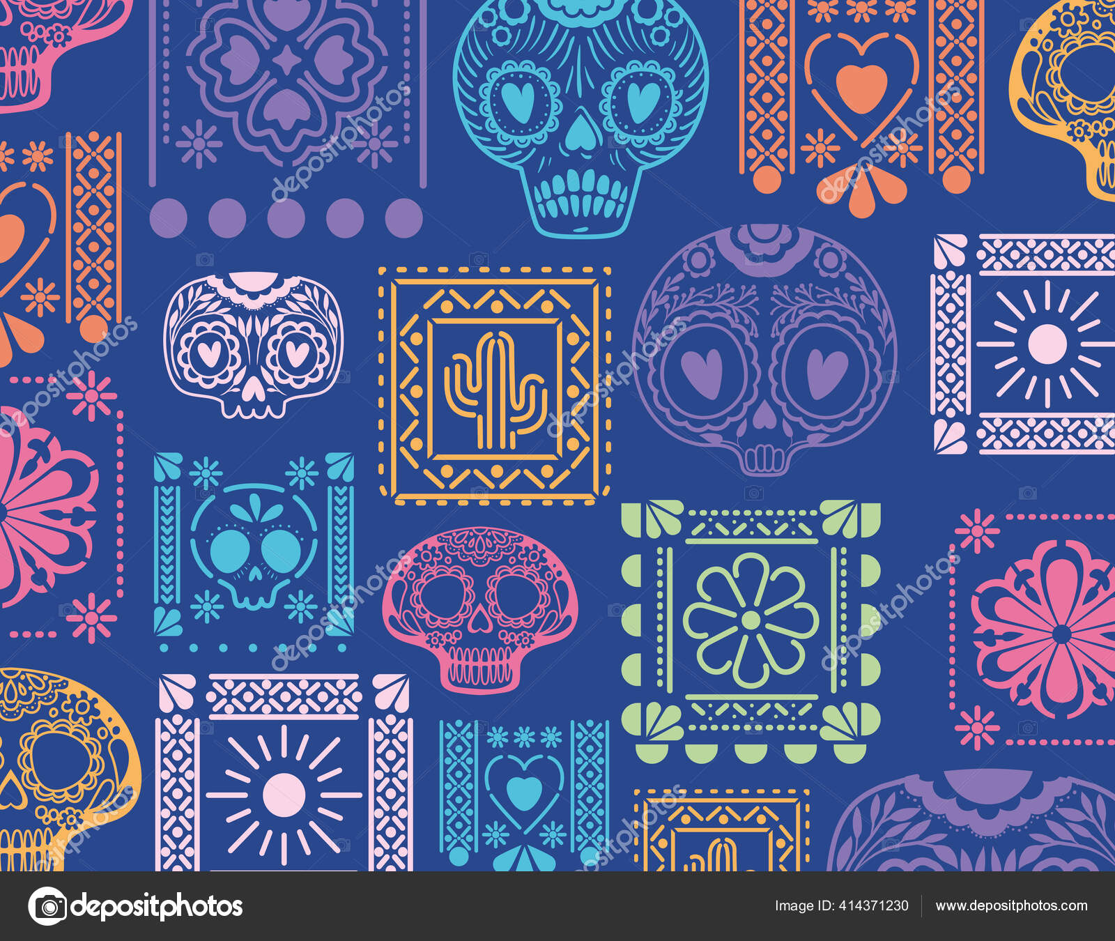 Mexican blue background with skulls and flowers vector design Stock