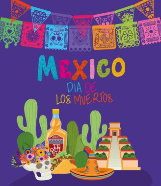 Mor arkaplan vektör tasarımında ölülerin simge kümesi ve Meksika günü