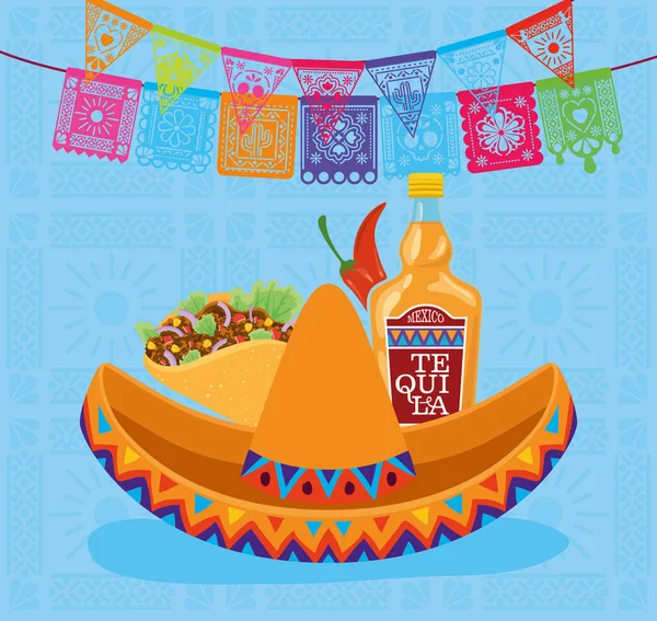 Diseño de tequila sombrero mexicano y vector de taco — Vector de stock