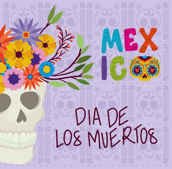 Cráneo con flores y el día de México del diseño del vector muerto — Vector de stock