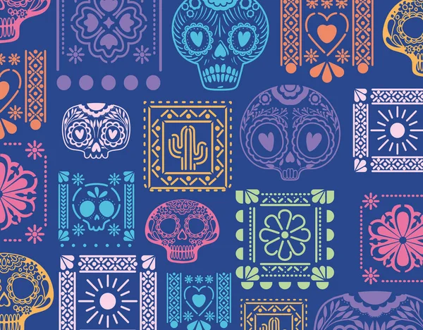 Fondo azul mexicano con cráneos y flores diseño vectorial — Vector de stock
