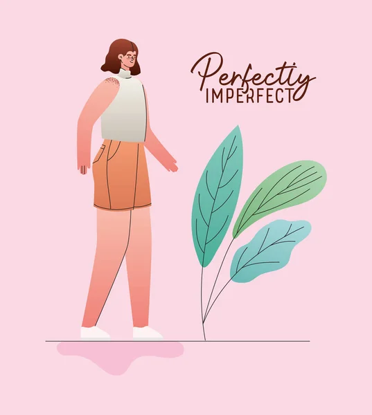 Perfekt unvollkommene Frau Karikatur mit Blättern Vektordesign — Stockvektor