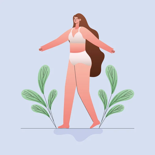 Plus size vrouw cartoon in ondergoed met bladeren vector ontwerp — Stockvector