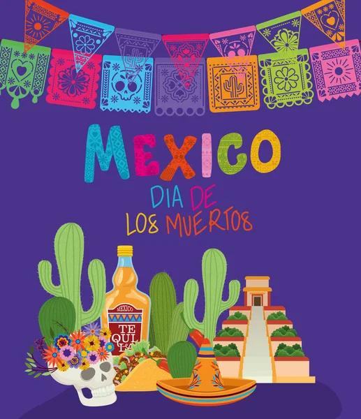 Set di icone e giorno messicano dei morti su sfondo viola disegno vettoriale — Vettoriale Stock