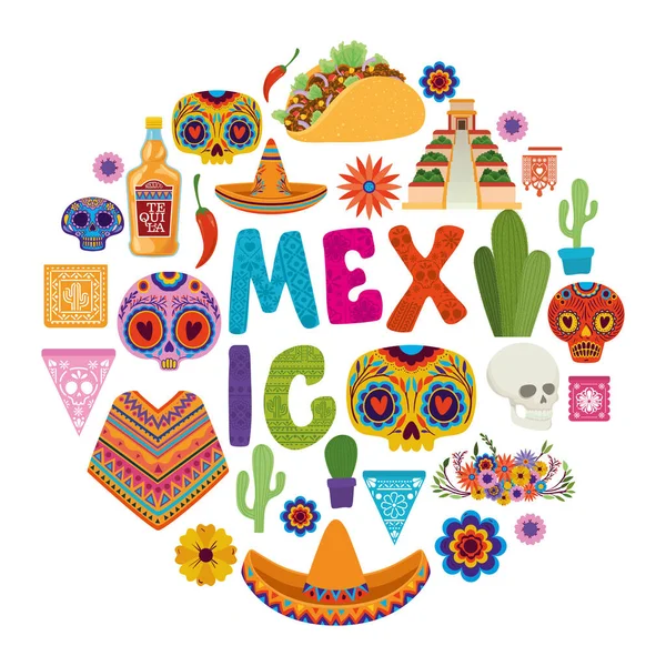 Icono conjunto círculo y día de México del diseño del vector muerto — Vector de stock