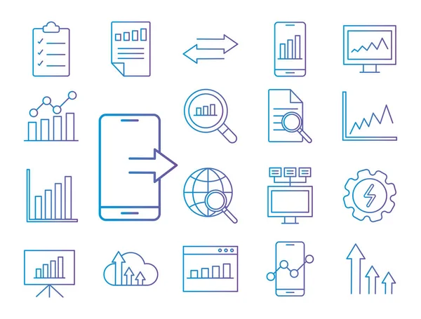 Adatelemzés gradiens stílusú ikonok gyűjtemény vektor tervezés — Stock Vector