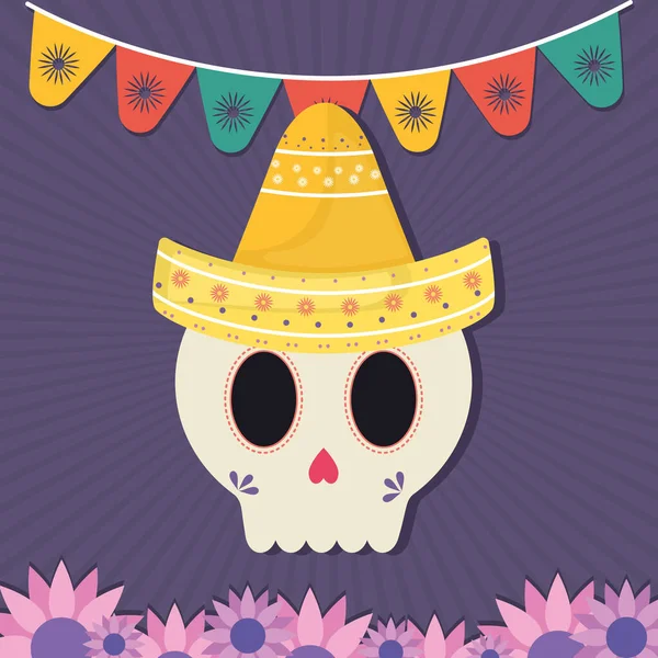 Día mexicano del cráneo muerto con diseño de vectores de sombrero y flores — Vector de stock