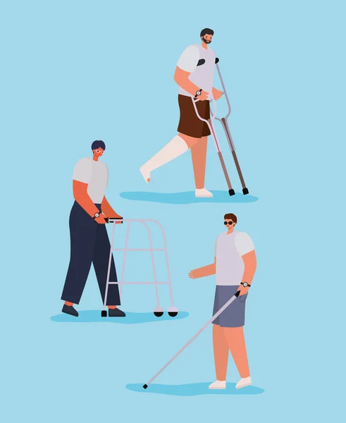 Niepełnosprawność mężczyźni kreskówki z kul walker odlewane i konstrukcja wektor trzciny — Wektor stockowy