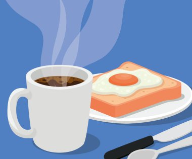 Ekmek ve çatal bıçak üzerinde yumurta ve kahve fincanı.