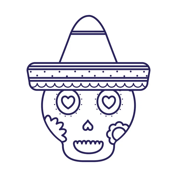 メキシコの頭蓋骨と帽子のラインスタイルのアイコンベクトルデザイン — ストックベクタ