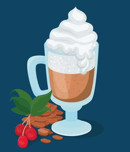 Tasse de café glacé avec des feuilles de baies de crème et des haricots vecteur design — Image vectorielle