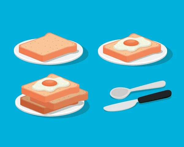 Oeufs de petit déjeuner sur pains avec couverts vecteur design — Image vectorielle