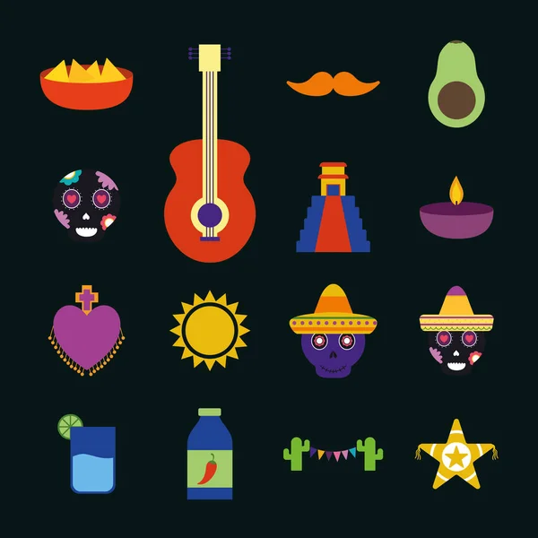 Mexikanischen flachen Stil Set Icons Vektor-Design — Stockvektor
