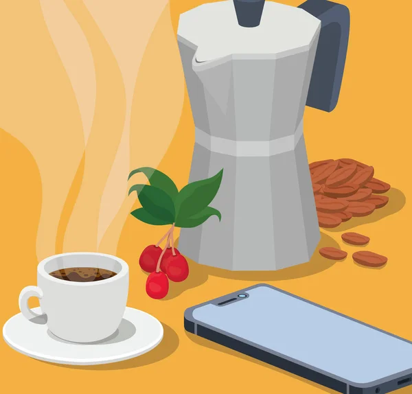 Koffie moka pot beker smartphone bonen bessen en bladeren vector ontwerp — Stockvector