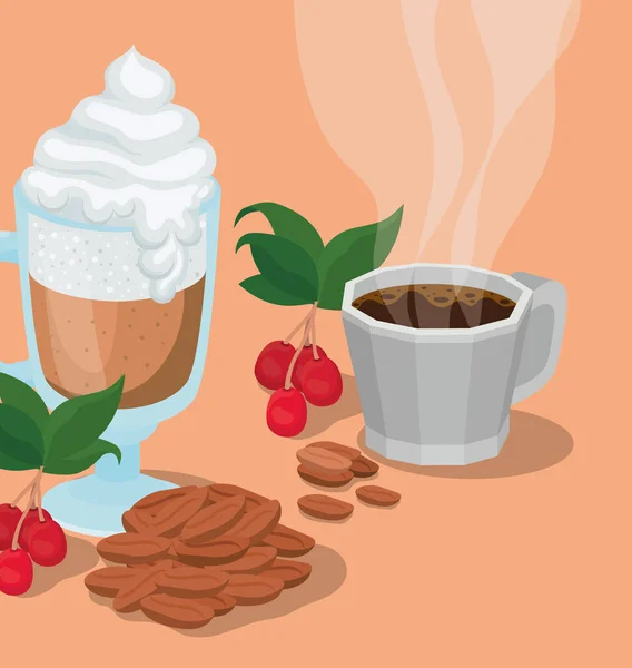 Xícaras de café quente e gelado com folhas de bagas e feijão design vetorial —  Vetores de Stock