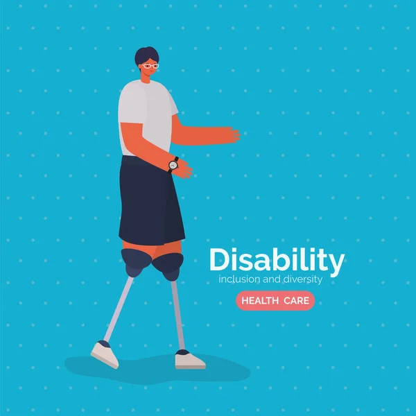 Niepełnosprawność człowiek kreskówka z protezy nogi konstrukcja wektor — Wektor stockowy