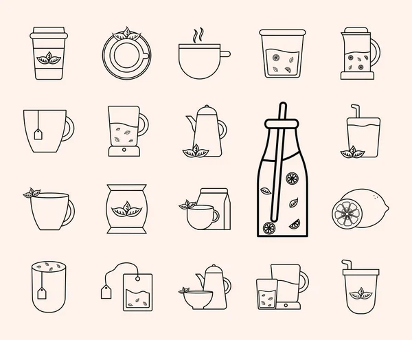 Línea de té estilo conjunto de iconos diseño de vectores — Vector de stock