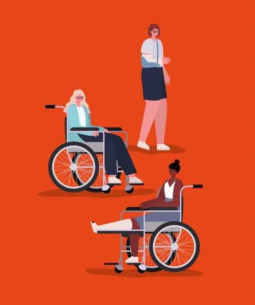 Kreskówki dla kobiet niepełnosprawnych z wózkiem inwalidzkim i rzutu wektora — Wektor stockowy