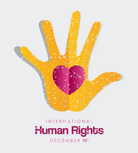 Internationella mänskliga rättigheter och grunge hand med hjärta vektor design — Stock vektor