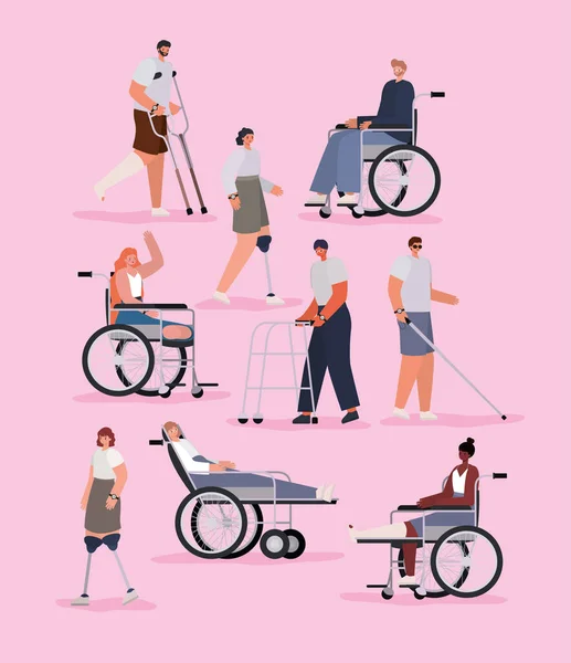 Kreskówki osób niepełnosprawnych z protezą wózka inwalidzkiego i odlewane na różowym tle wektor projektu — Wektor stockowy
