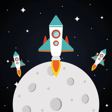 Yıldızlı arkaplan vektör dizaynında ayı olan uzay roketleri