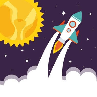 Yıldızlı arka plan dizaynında güneşli ve bulutlu uzay roketi