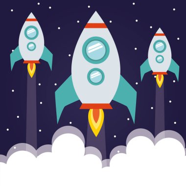 Yıldızlı arkaplan vektör tasarımında dumanlı uzay roketleri