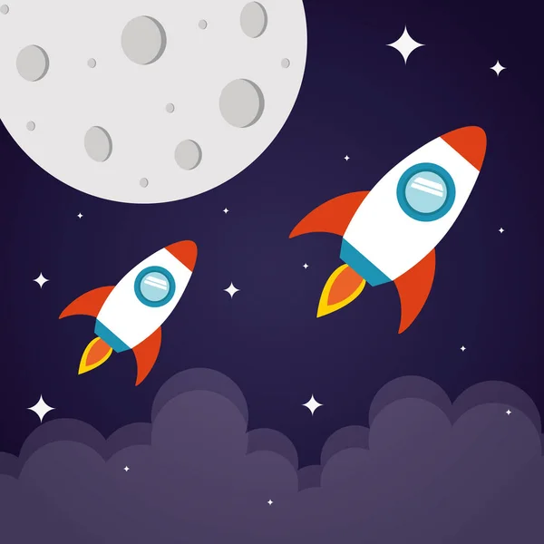 Cohetes espaciales con luna en el diseño del vector de fondo estrellado — Vector de stock