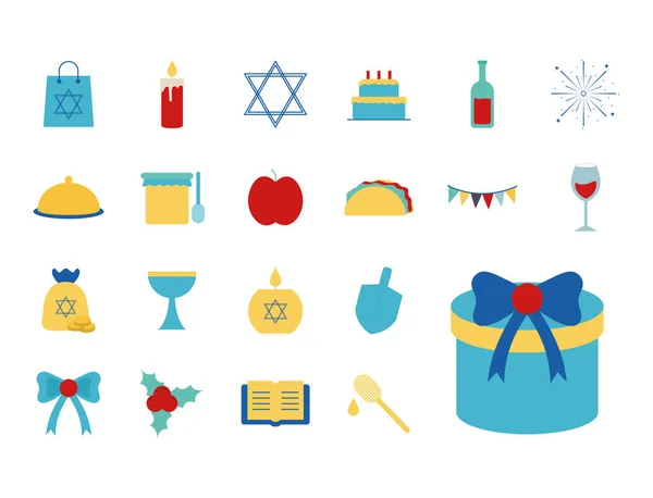 Hanukkah e design de vetor de coleção de ícones estilo plano judeu — Vetor de Stock