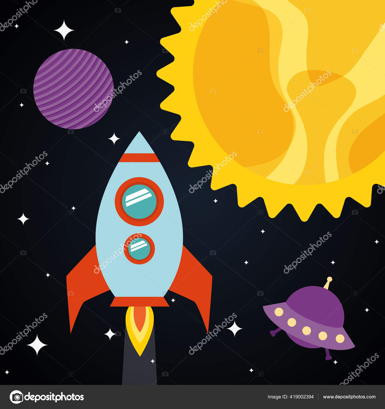 Cohete espacial con planeta sol y OVNI en el diseño de vectores de fondo  estrellado Vector de stock #419002394 de ©grgroupstock, image size:1600x1700