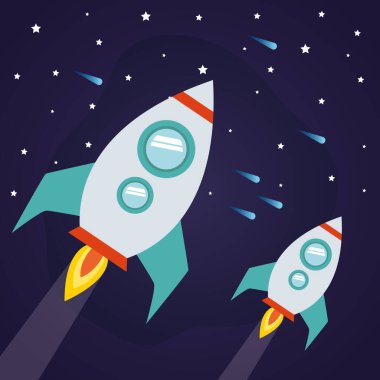 Yıldızlı arkaplan vektör tasarımında uzay roketleri