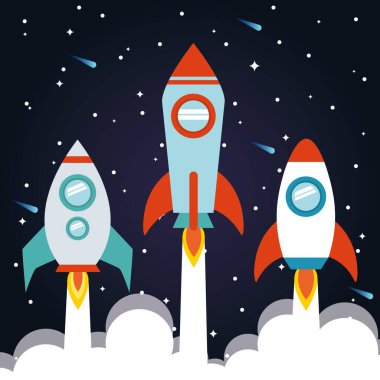 Yıldızlı arkaplan vektör tasarımında dumanlı uzay roketleri