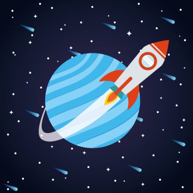 Gezegenimizin önündeki uzay roketi yıldızlı arka plan vektör tasarımında