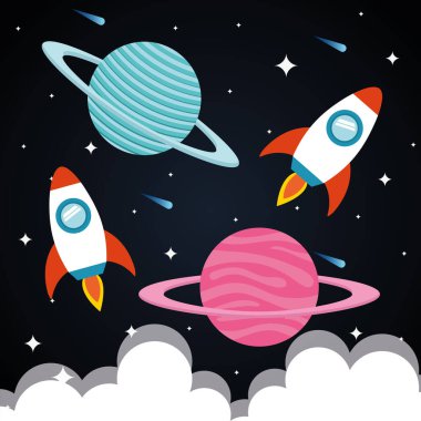 Yıldızlı arkaplan vektör tasarımlı gezegenli uzay roketleri