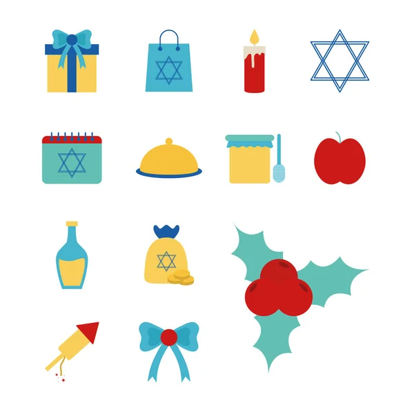 Hanukkah e stile ebraico piatto set icone disegno vettoriale — Vettoriale Stock