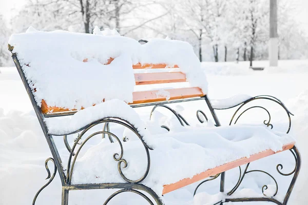 snow covered bench in the city park in winter
