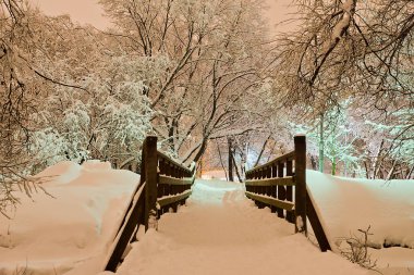 kış şehir parkında akşam köprü