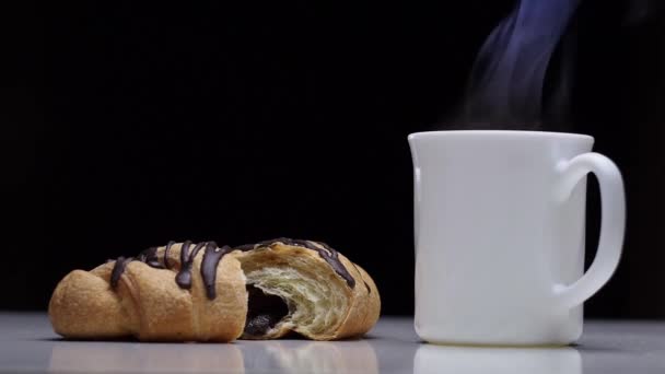 Chocolate Croissant Hot Tea — Stock Video