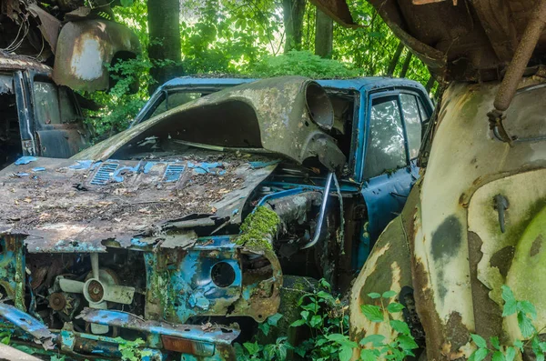 森の近くのゴミ捨て場に青い車 — ストック写真