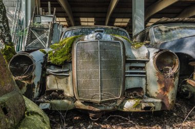 Bir araba mezarlığı üzerinde Mercedes önden görünüm