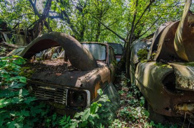 Bir araba mezarlığı üzerinde eski araba önden görünüm