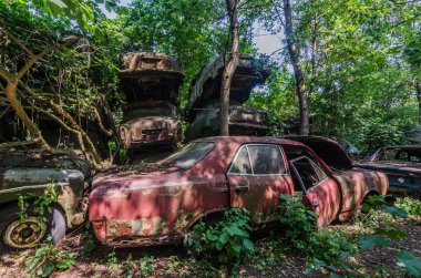 kırmızı kırık araba araba mezarlığı üzerinde