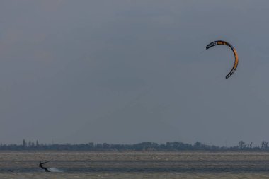 Arka planda ağaçlarla deniz manzarasında sörf yapan uçurtma.